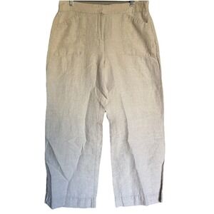 Chico's 100% Linen Wide Leg Pant 2 (L) Zip‎ w/Stretch Waist Pockets Boho Coastal